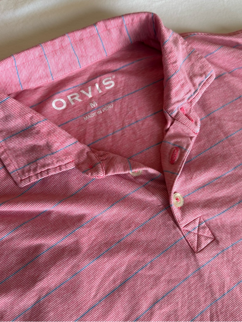 Orvis Men's M Pink Stripe Polo Shirt Short Sleeve 92% Pima Cotton Lycra Stretch